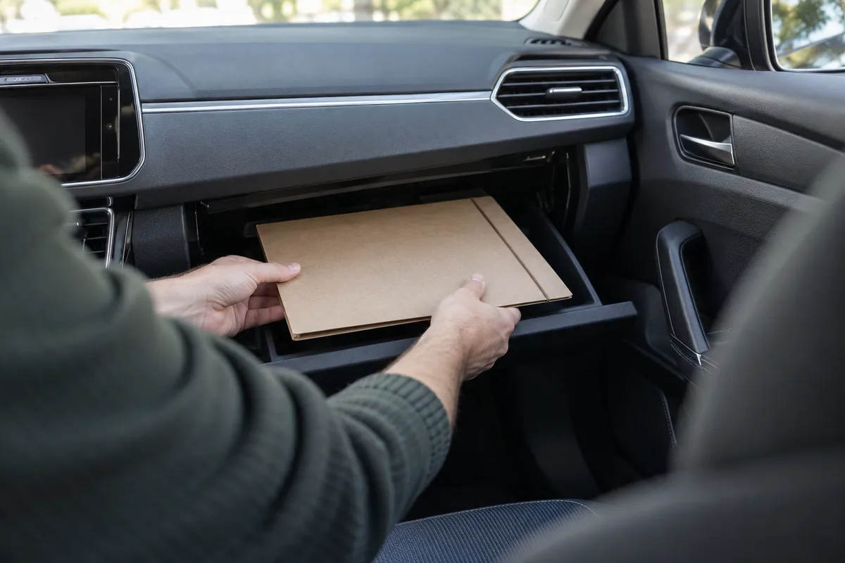 Automobiliste rangeant ses documents dans la boîte à gants
