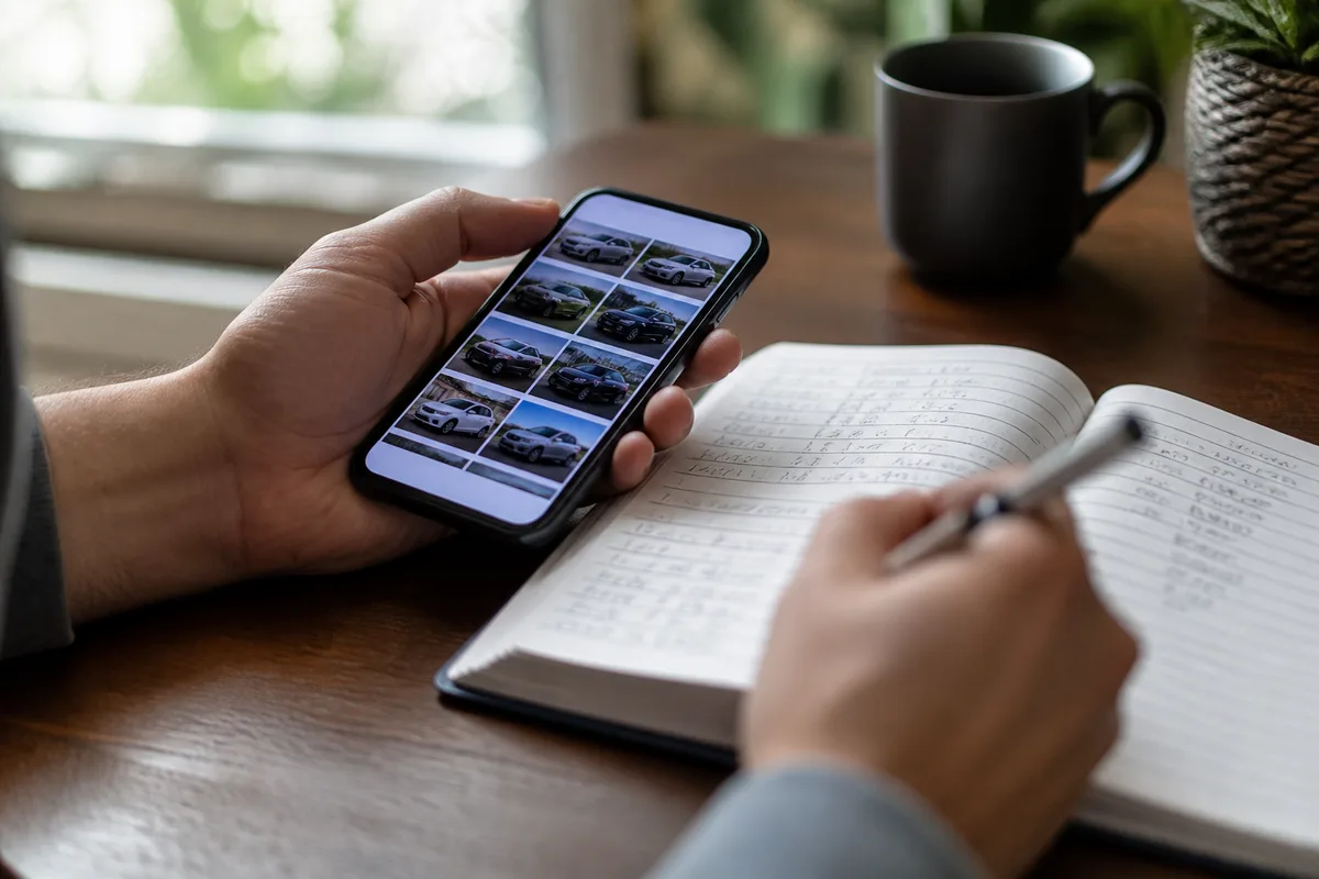 Consultation d’annonces automobiles sur un téléphone et carnet de notes budgétaires