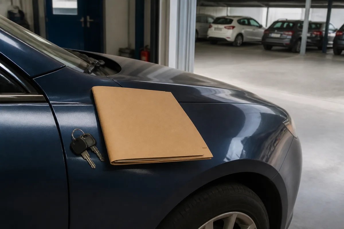 Carnet d&rsquo;entretien et factures de garage posés sur une table