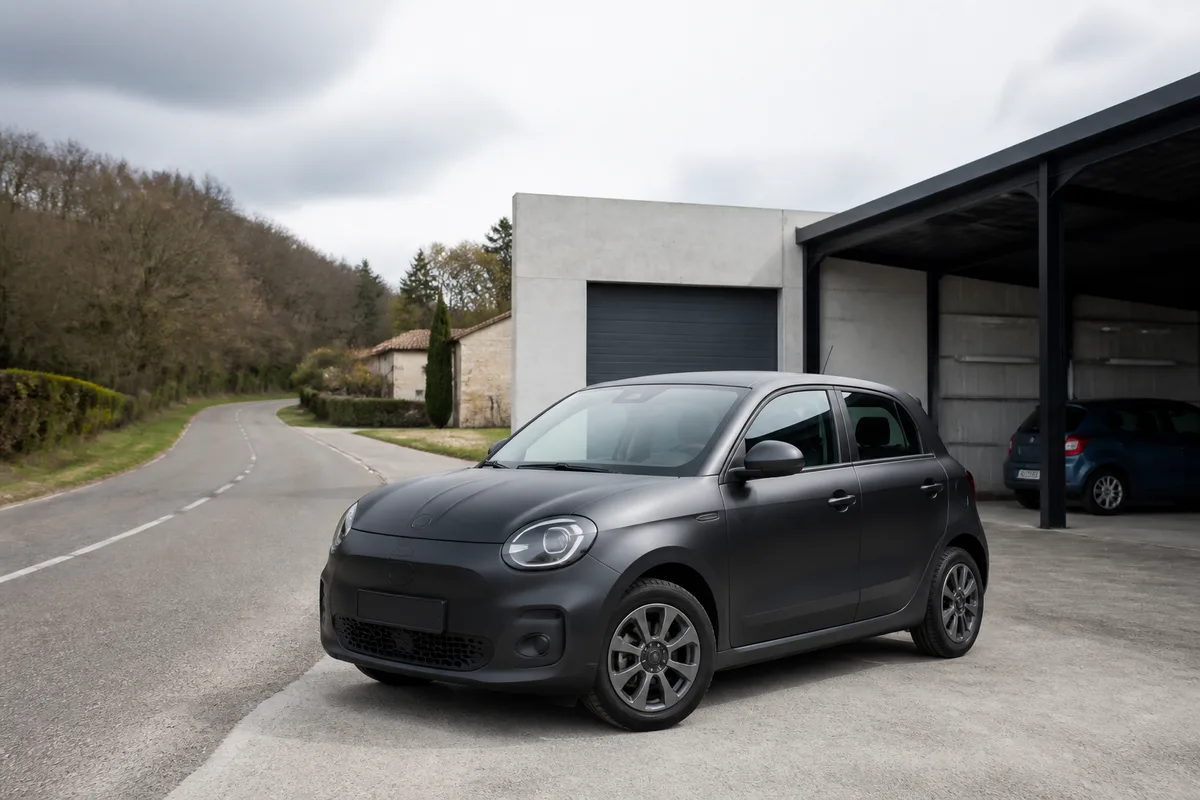 Compacte citadine à carrosserie sombre photographiée de trois quarts sur une route de campagne