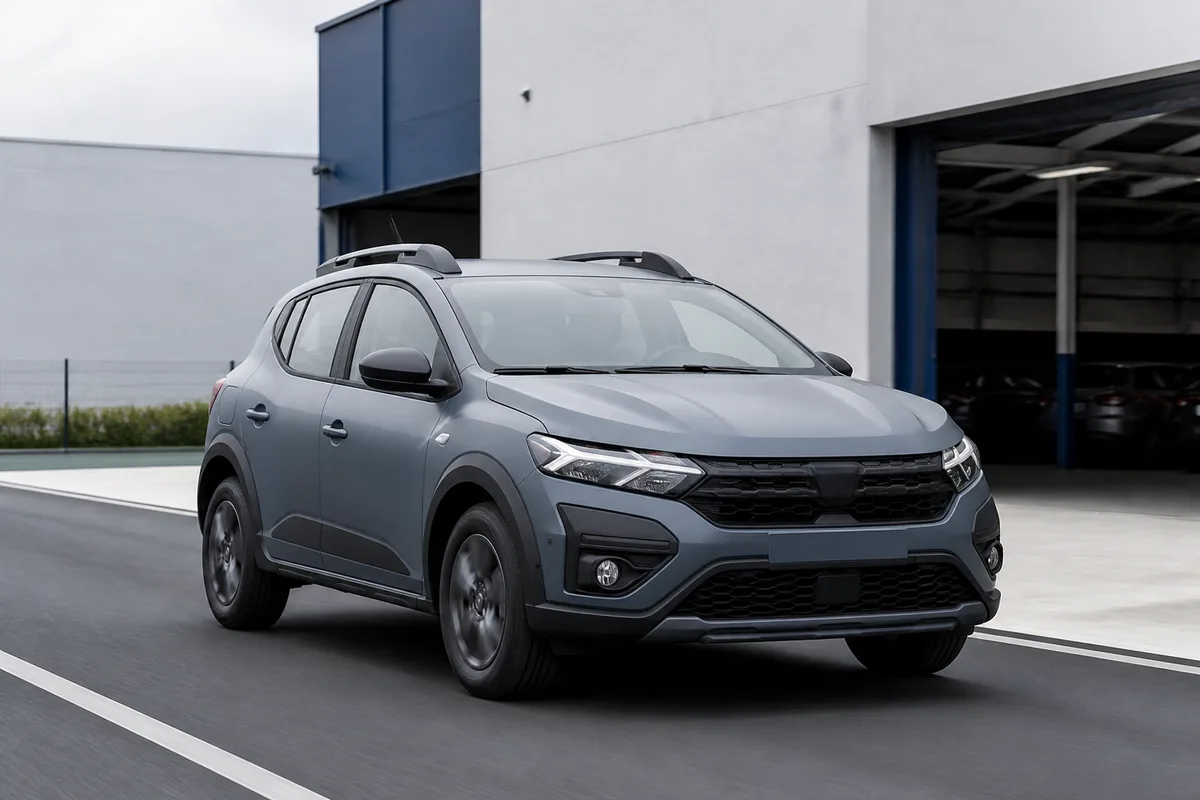 Citadine rehaussée de type Stepway vue de trois quarts avant sur une route dégagée