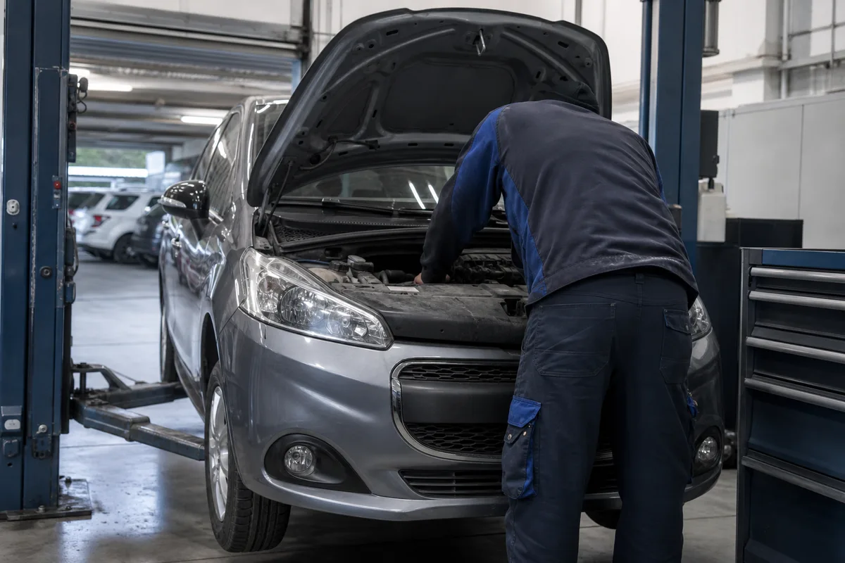 Mécanicien contrôlant le compartiment moteur d&rsquo;une citadine sur un pont d&rsquo;atelier