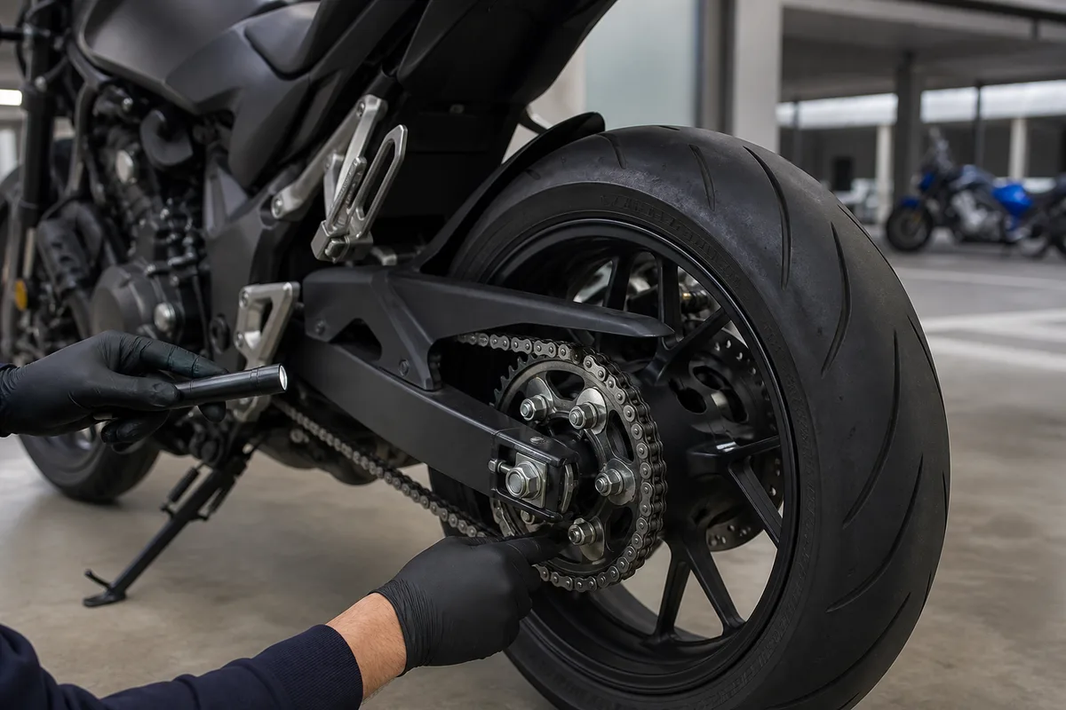 Contrôle de la chaîne et de la couronne d’une moto roadster