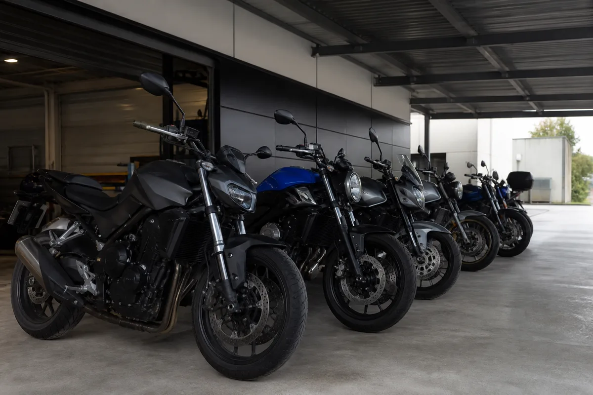 Motos de moyenne cylindrée alignées sur un parking